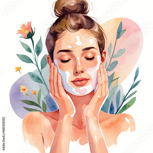 Watercolor vector of morning beauty routine – face washing step in soft pastel style, isolated on white