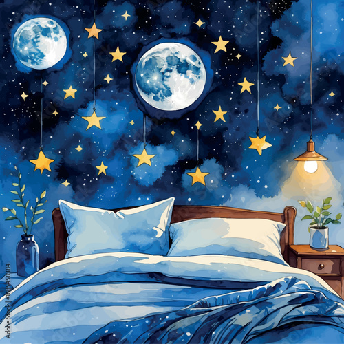 Watercolor vector of cozy bed with moon and stars, promoting restful sleep and health, isolated