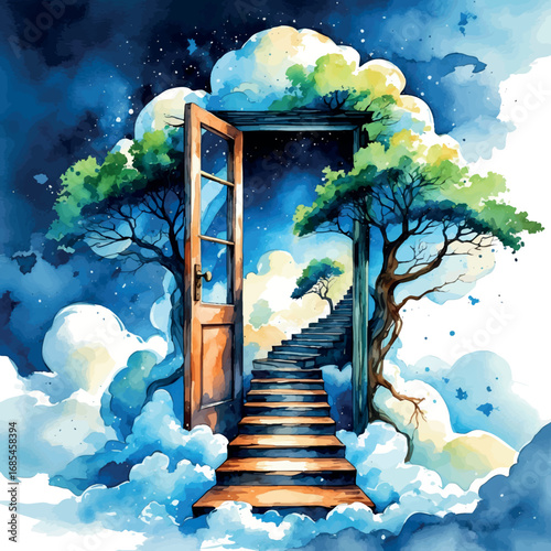 Watercolor vector surreal dream state with magical doorway in the clouds, isolated
