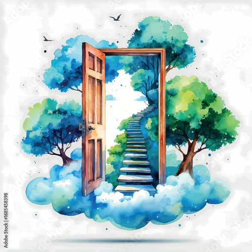 Watercolor vector surreal dream state with magical doorway in the clouds, isolated