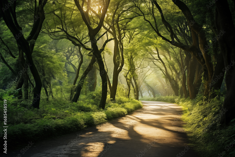 Naklejka premium A forest path with sunlight filtering through lush green trees