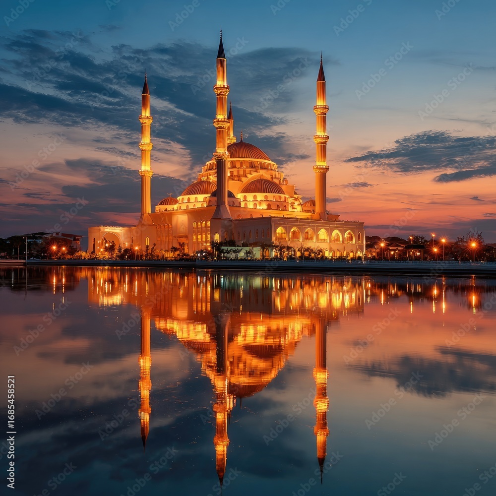 Naklejka premium A grand mosque shines brightly at dusk reflected in still water with minarets piercing the sky