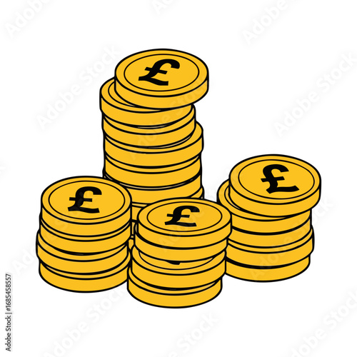 Golden Pound Sterling coins illustration, showing a stack and a single coin. Represents British currency, finance, and wealth. Ideal for banking, investment, and economic concepts