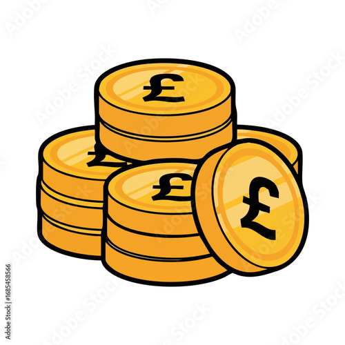 Golden Pound Sterling coins illustration, showing a stack and a single coin. Represents British currency, finance, and wealth. Ideal for banking, investment, and economic concepts