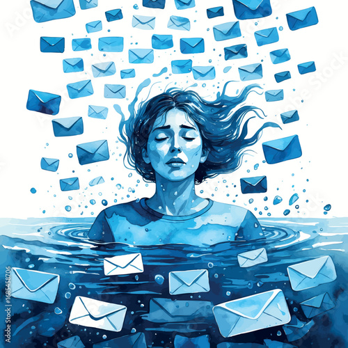Watercolor vector drowning in tasks and emails symbolizing digital overwhelm