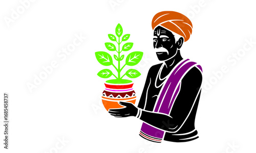 Indian village elder holding sacred Tulsi plant silhouette vector illustration