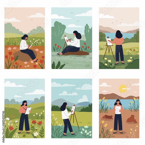 Women artists find inspiration and express creativity outdoors, sketching and painting beautiful natural landscapes and vibrant floral scenes.