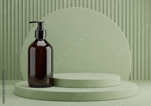 Amber Glass Pump Bottle on Pale Green Display.