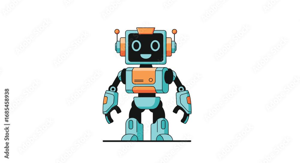 Fototapeta premium Cute friendly robot character standing happily with cheerful expression and mechanical parts