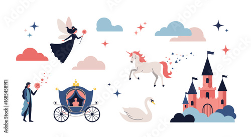 Magical fairy tale elements horse castle carriage swan clouds stars and fairy character for childhood fantasy story