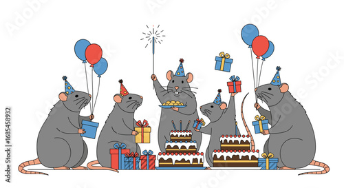 Five adorable cartoon rats wearing party hats and celebrating with cakes and balloons