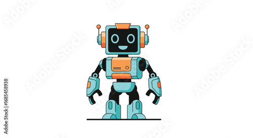 Cute friendly robot character standing happily with cheerful expression and mechanical parts