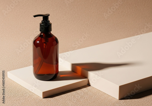 Amber Glass Pump Bottle on White Platform.
