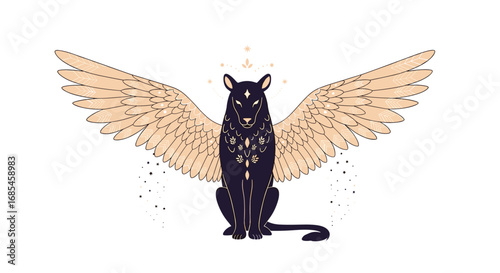 Mystical winged black cat creature with celestial sparkles and feathered wings