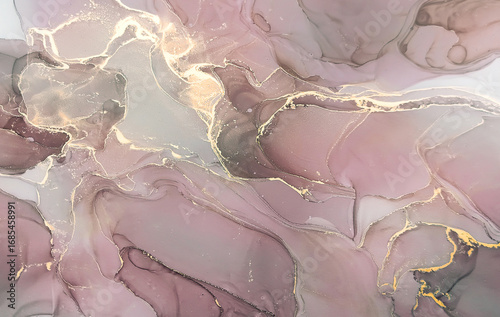 Abstract alcohol ink painting background in pink  with gold splashes