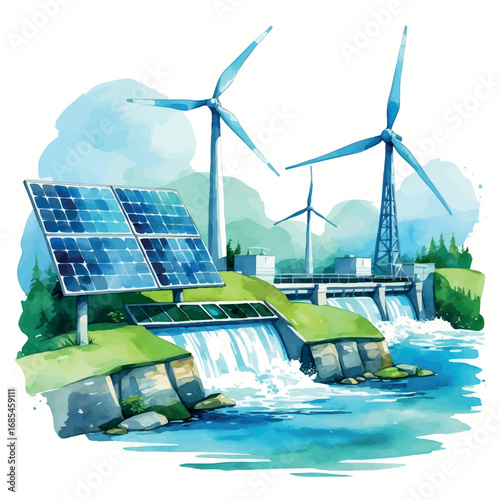 Watercolor vector illustration of renewable energy – solar, wind, and hydro sources, isolated