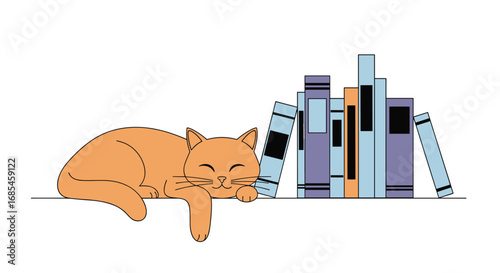 Cute orange cat sleeping peacefully next to a stack of colorful books