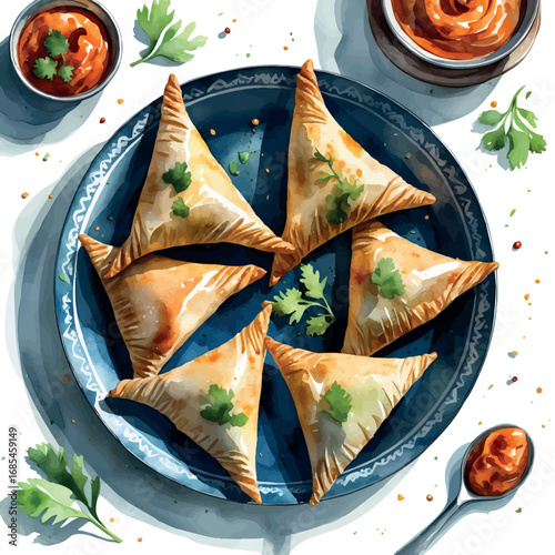 Watercolor vector of samosas with chutney, traditional iftar dish, isolated on white