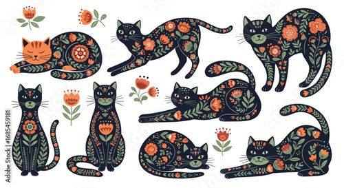 Whimsical folk art inspired pixelated cats with floral motifs in various poses