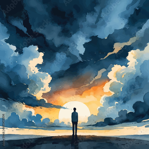 Watercolor vector transition from storm to peace with sunrise and person