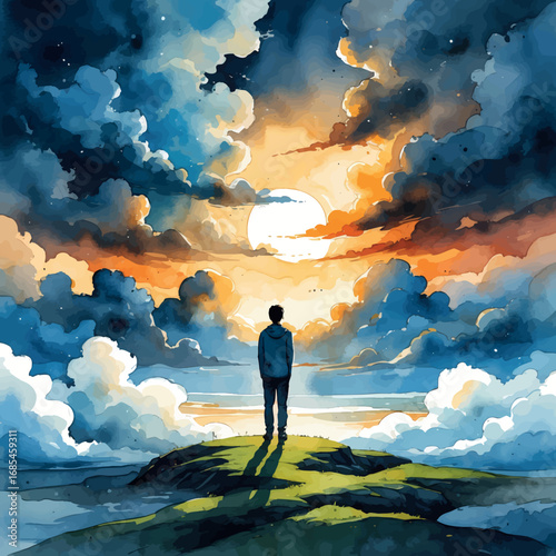 Watercolor vector transition from storm to peace with sunrise and person