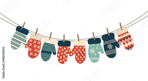 Cozy winter mittens drying on a clothesline a festive collection of warm handwear