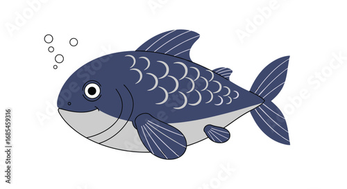 Chubby dark blue fish with open mouth and bubbles swimming in water