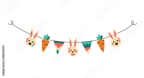 Cute easter bunny and carrot garland decoration with geometric flags for spring celebration