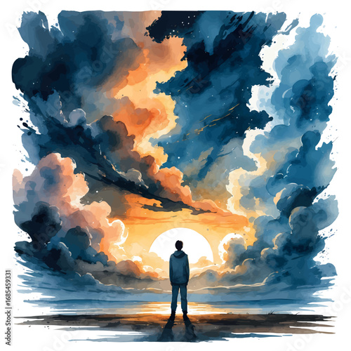 Watercolor vector transition from storm to peace with sunrise and person