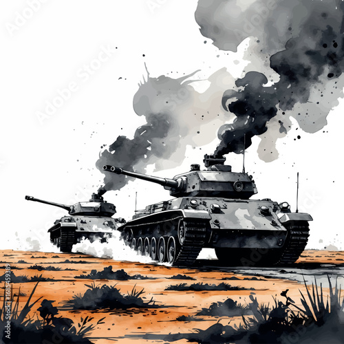 Watercolor vector tanks in battle – military armored vehicles in active war zone, isolated