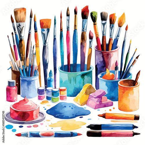 Watercolor vector of art therapy tools – brushes, paints, markers and clay – mental health support objects, isolated