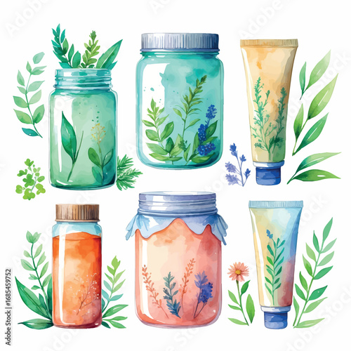 Watercolor vector set of facial masks with botanical elements – skincare illustration, isolated