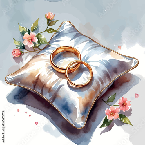 Watercolor vector wedding rings on pillow – romantic symbol of love, isolated