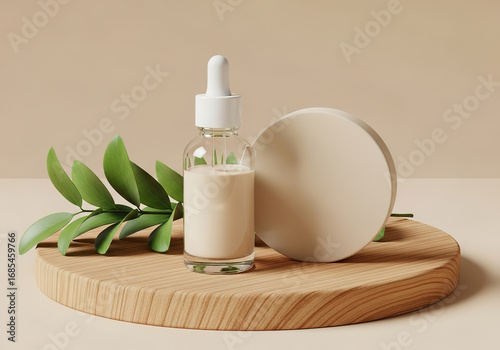 Beige Serum Bottle with Dropper on Wooden Display.