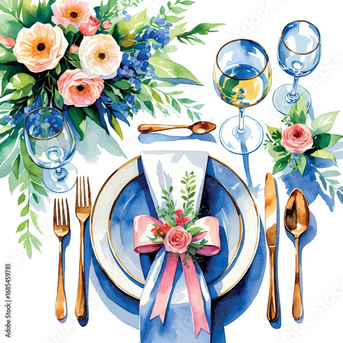 Watercolor vector of wedding table decor – elegant dining with floral centerpiece, isolated