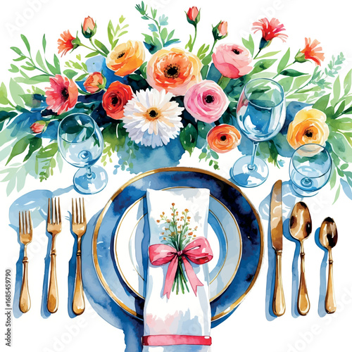 Watercolor vector of wedding table decor – elegant dining with floral centerpiece, isolated