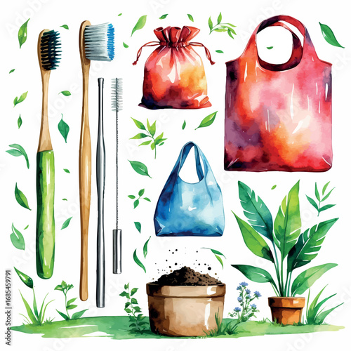 Watercolor vector icons of zero waste lifestyle – bamboo toothbrush, straw and compost bin, isolated