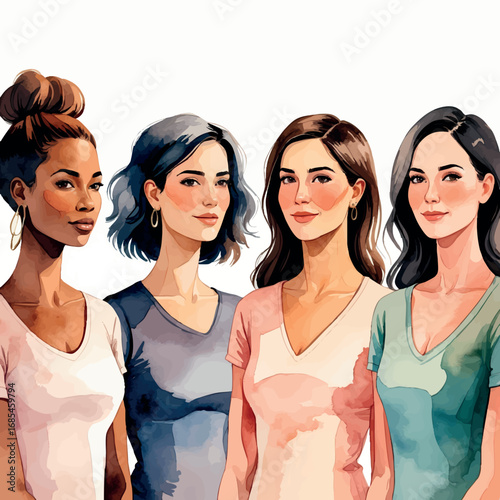 Watercolor vector of diverse empowered women – unity and strength in group portrait, isolated