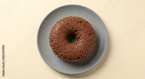Chocolate Donut with Sprinkles on Gray Plate.