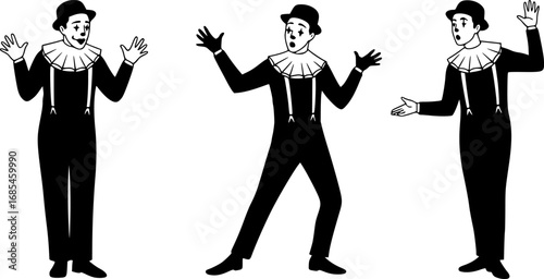 Three mime artists performing different acts in black and white illustration style scene art | editable eps vectors silhouette

