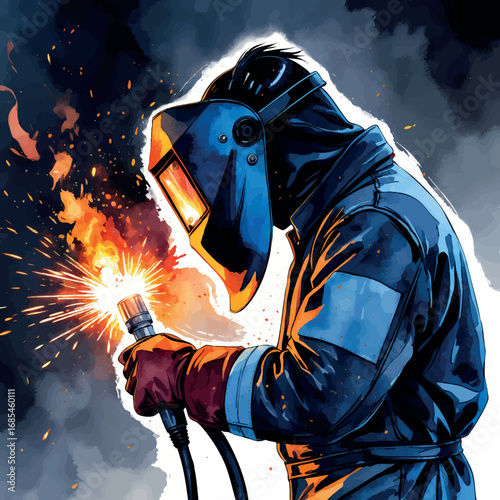 Watercolor welder in action with torch and helmet, skilled metalworker illustration