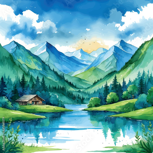 Watercolor wellness retreat landscape with mountains and lake. Serene blue and green illustration isolated on white background