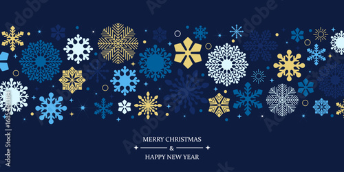 Christmas, New Year, Happy Holidays invitation, card design vector. Season's greetings. Winter falling snowflakes background. Design for card, flyer, banner.