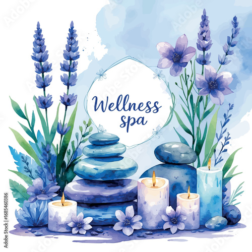 Watercolor wellness spa scene with natural elements. Serene blue and lavender illustration isolated on white background