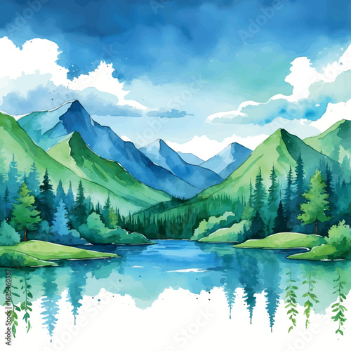 Watercolor wellness retreat landscape with mountains and lake. Serene blue and green illustration isolated on white background