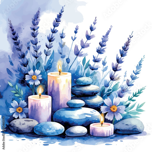Watercolor wellness spa scene with natural elements. Serene blue and lavender illustration isolated on white background