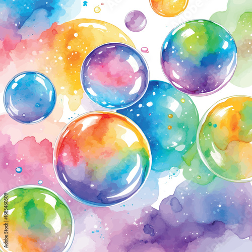 Whimsical Rainbow Soap Bubbles in Watercolor. Translucent Floating Spheres with Light Refraction Effects, Isolated on White