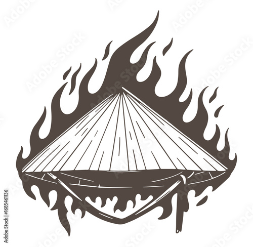Artistic illustration of a traditional asian conical hat surrounded by flames for design purposes