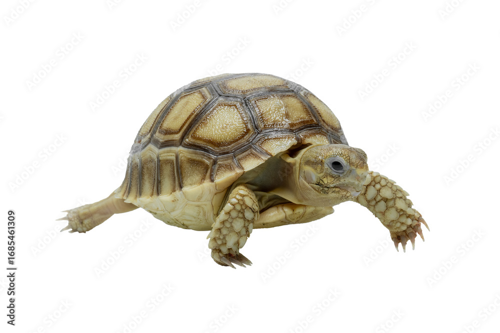 Naklejka premium The Sulcata tortoise (Centrochelys sulcata), also known as the African spurred tortoise, is the largest mainland tortoise species and the third-largest in the world.