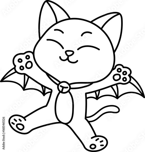 Jumping Bat-Winged Black Cat (Coloring Page Outline Illustration)